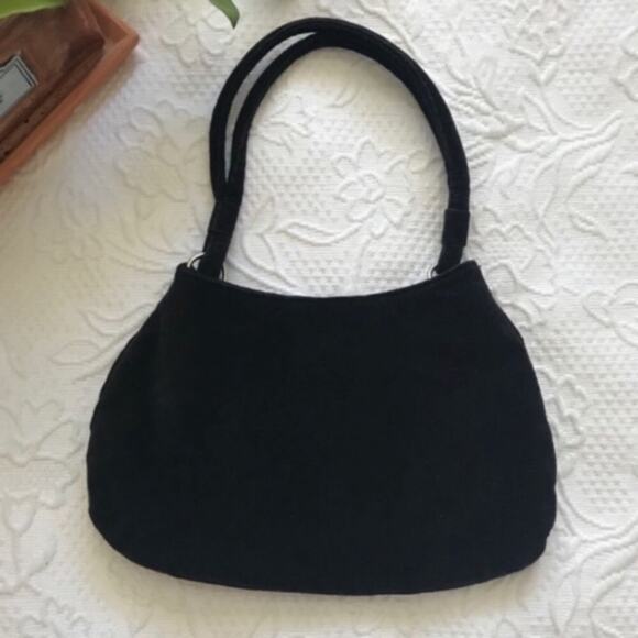 Cutest Little Old Navy Black Velvet Clutch Purse Pearl Bow Gems Dance Evening - Picture 8 of 8